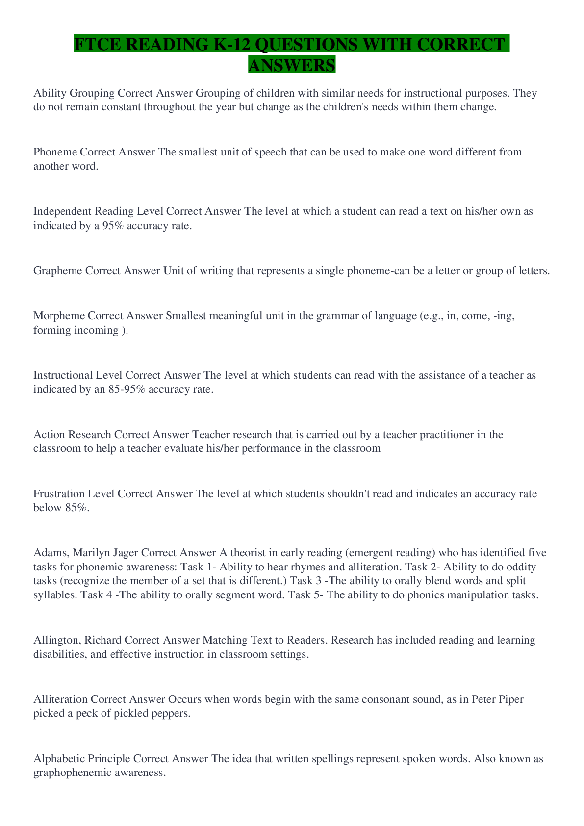 Preview image for FTCE READING K-12 QUESTIONS WITH CORRECT ANSWERS